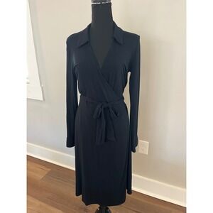 Boden Black Jersey Knit Collared Wrap Midi Dress Long Sleeve Size 12R